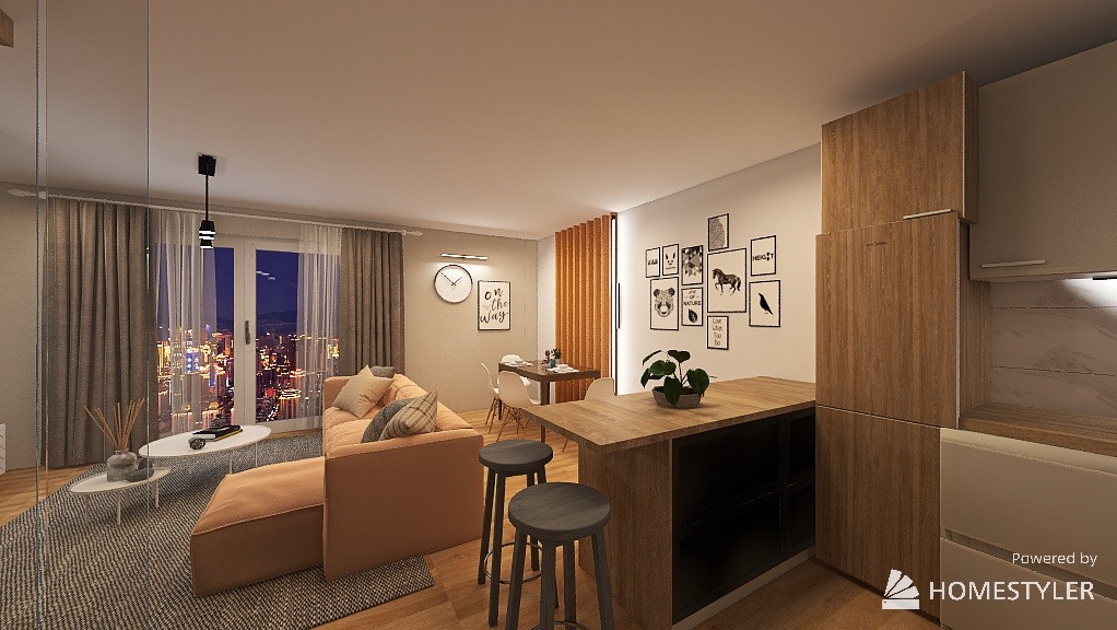 Wizualizacja salonu z aneksem kuchennym: sofa w odcieniach brzoskwini, drewniane krzesła barowe, ściana z grafikami. Za oknem widok na nocne miasto.