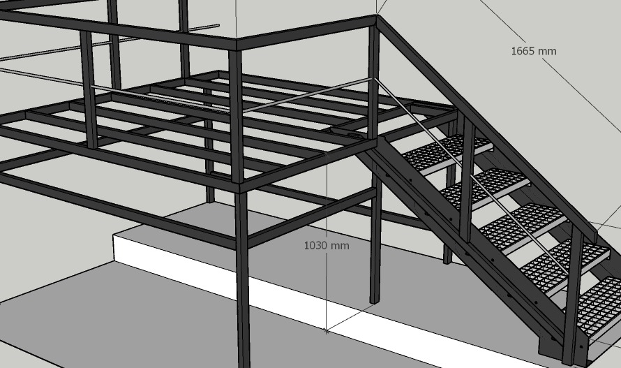 Wizualizacja 3D metalowej konstrukcji schodów z kratowymi stopniami i poręczą, z elementami hali w tle, projekt dla klienta z Mogilan.