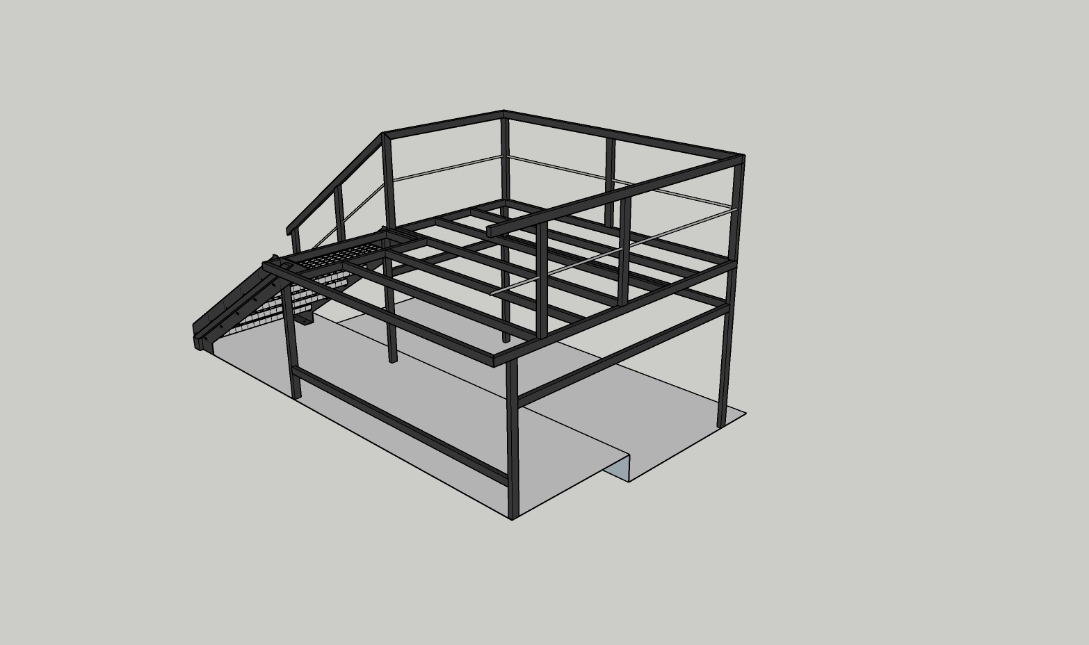 Model 3D szkieletu metalowej konstrukcji hali z schodami i podestem, widok z góry.
