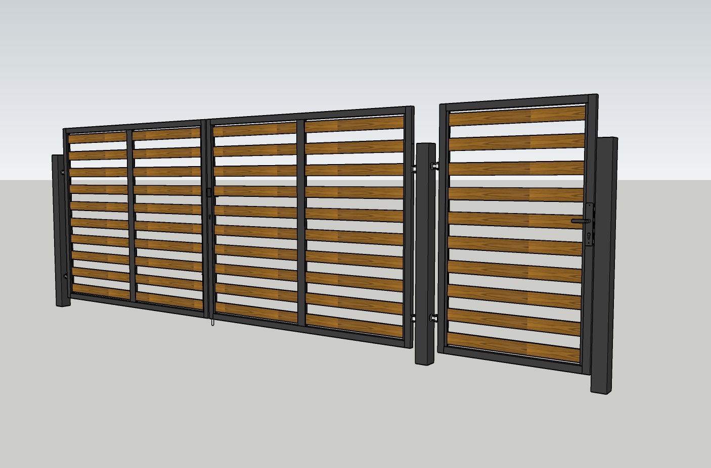 Wizualizacja dwuskrzydłowej bramy wjazdowej z poziomymi, drewnopodobnymi panelami i ciemną, metalową ramą, widok z boku.