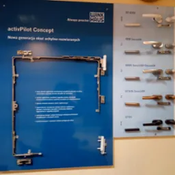 Ekspozycja okuć okiennych Winkhaus activPilot Concept oraz różnych modeli klamek do okien i drzwi, prezentowanych na tablicach informacyjnych.