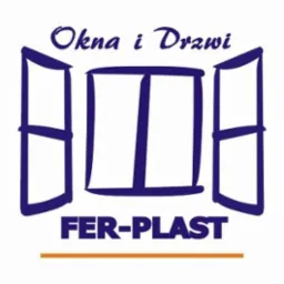 Logo firmy FER-PLAST przedstawiające schematycznie okna i drzwi w kolorze granatowym na białym tle, z pomarańczową linią pod nazwą.