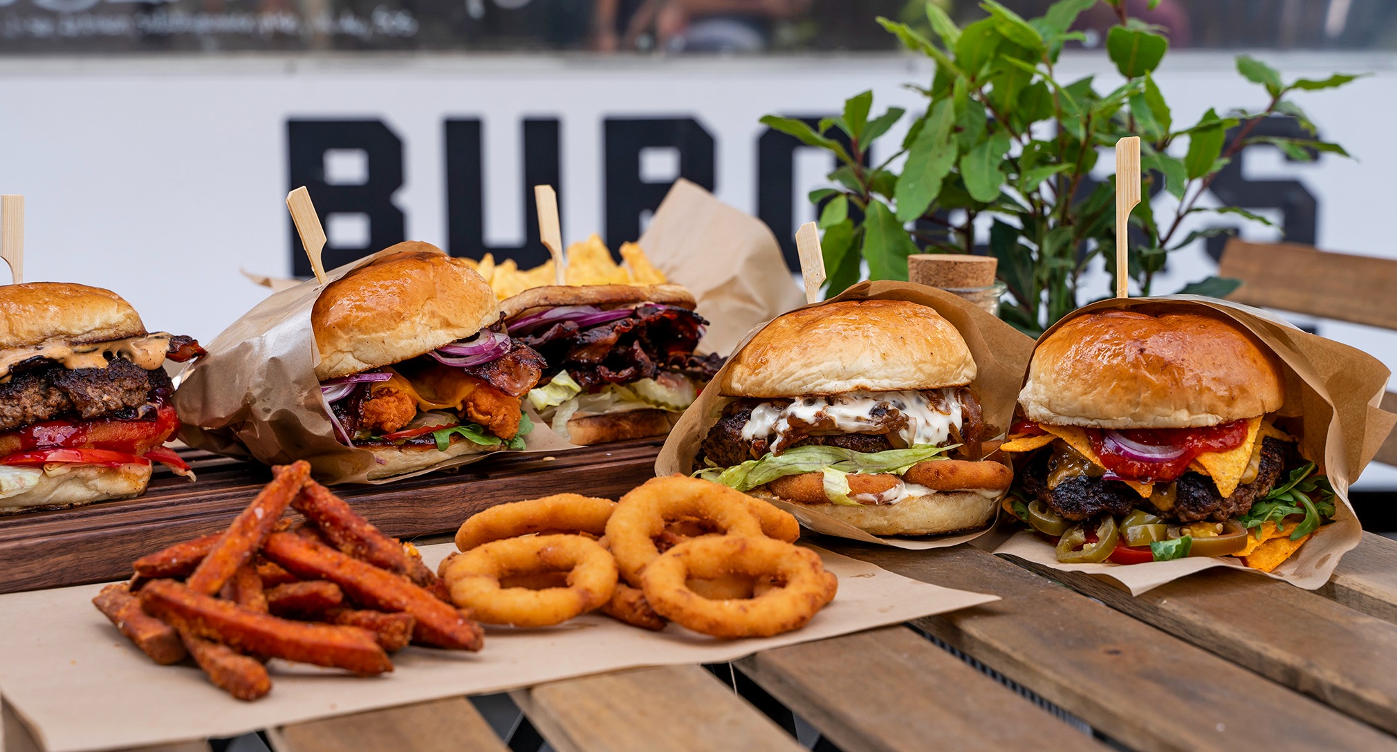 Różnorodne burgery z frytkami i krążkami cebulowymi na drewnianym stole, widoczne składniki: wołowina, warzywa, sosy, kompozycja z rośliną w tle.