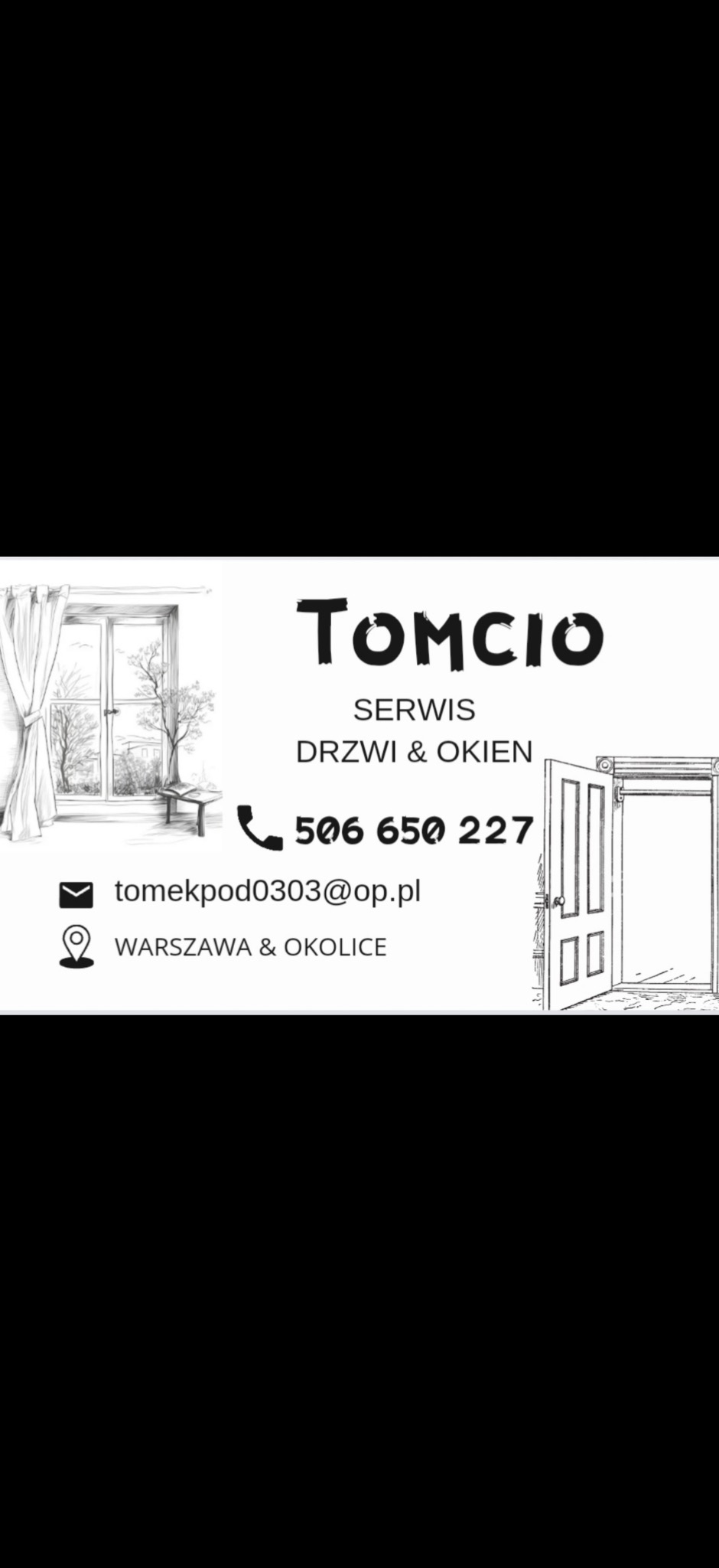 Szkic firmowy z oknem z widokiem na drzewa, otwartymi drzwiami, nazwą firmy Tomcio, numerem telefonu, adresem e-mail i lokalizacją Warszawa i okolice.