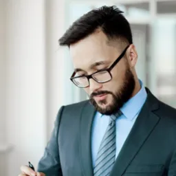 Dwóch eleganckich mężczyzn w garniturach analizuje dokument, jeden z nich trzyma długopis, w tle rozmyte postacie przy oknie.