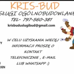 Reklama firmy Kris-Bud z listą usług ogólnobudowlanych, numerem telefonu, adresem e-mail oraz ilustracją wielorękiego majstra z narzędziami.