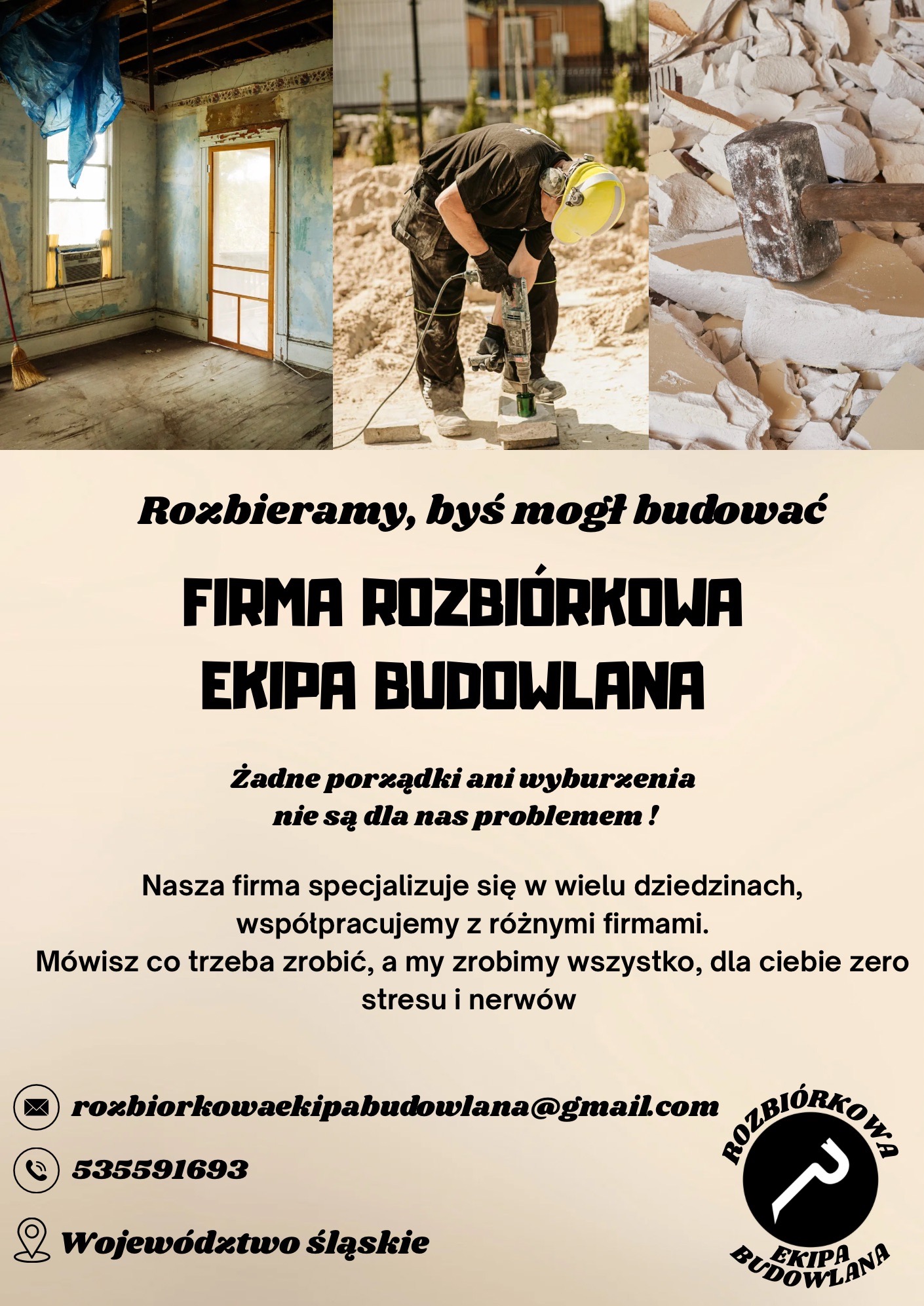 Usługa rozbiórkowa: wnętrze przed demontażem, pracownik z wiertarką, gruz i młot. Reklama firmy rozbiórkowej z danymi kontaktowymi i logo.