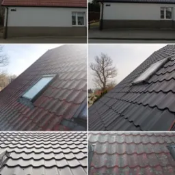 Montaż zdjęć 'przed i po' prezentujący dach domu jednorodzinnego z czerwonej dachówki pokrytej mchem oraz ten sam dach po zmianie na czarną dachówkę, widać okna dachowe.
