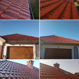 Porównanie stanu dachu przed i po czyszczeniu: po lewej stronie widoczny mech i zabrudzenia na czerwonej dachówce, po prawej czysta, odświeżona powierzchnia. W tle widoczny dom z brązową bramą...