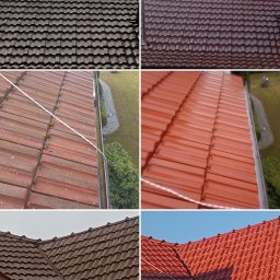 Washing Renewal M.D - Porównanie dachu przed i po: po lewej stronie pokryty mchem i brudem, po prawej czysty, z intensywnym czerwonym kolorem dachówki. Widoczne anteny na kominie oraz fragment ogrodu z trawnikiem...