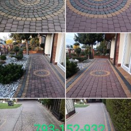 Washing Renewal M.D - Porównanie kostki brukowej przed i po czyszczeniu, widoczne różnice w kolorze i czystości, z dekoracyjnym wzorem koła na posesji z ogrodem.