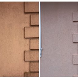 Washing Renewal M.D - Porównanie fragmentu elewacji przed i po czyszczeniu, widoczne różnice w kolorze i czystości, z elementami dekoracyjnymi w formie wystających cegiełek i rurą spustową po prawej stronie.
