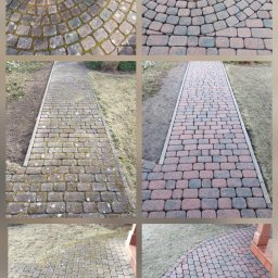 Washing Renewal M.D - Kostka brukowa przed i po czyszczeniu: z lewej strony brudna, porośnięta mchem, z prawej czysta, z wyraźnym wzorem i kolorem. Widoczne różnice w wyglądzie.