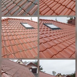 Washing Renewal M.D - Efekt mycia dachu z dachówki ceramicznej w Dębnie. Porównanie stanu przed i po czyszczeniu, widoczne usunięcie mchu i zabrudzeń, poprawa estetyki.