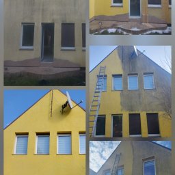 Washing Renewal M.D - Żółta elewacja domu w kolażu: część wyczyszczona, część brudna. Na fragmencie drabina oparta o ścianę. Widoczne okna z roletami i satelita na dachu.