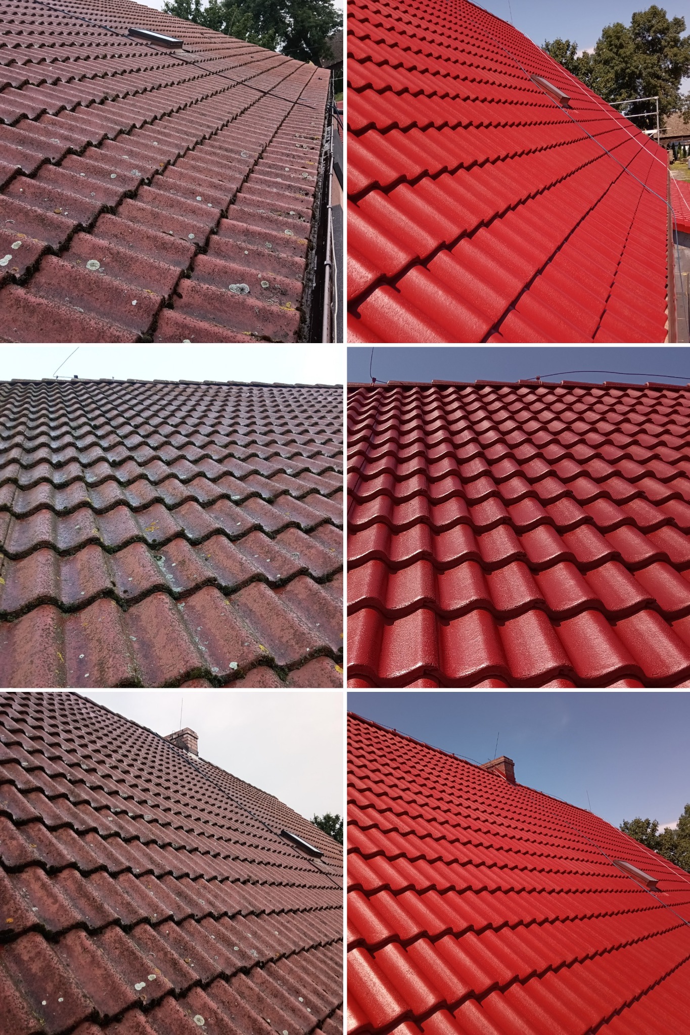 Kolaż przedstawiający dachówki przed i po renowacji: po lewej stronie brudne, z mchem, po prawej intensywnie czerwone, świeżo pokryte farbą.