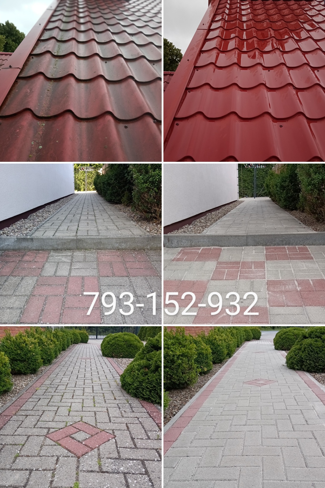 Kompozycja przed i po: Czerwony dach z blachy trapezowej przed i po czyszczeniu, widoczne różnice w kolorze i czystości. Kostka brukowa przed i po, z widocznym numerem telefonu naniesionym na zdjęcie.