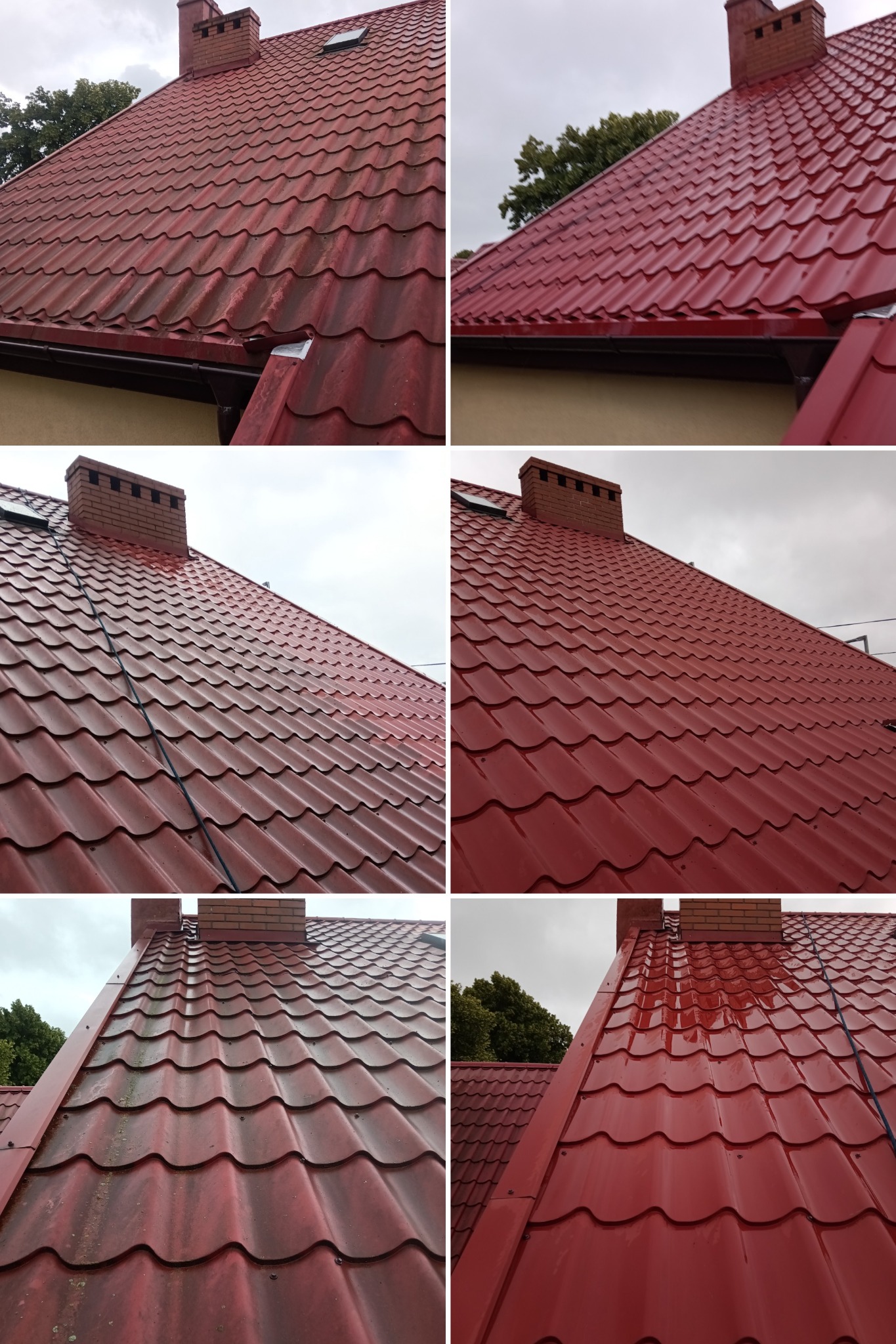 Porównanie połaci dachu z czerwonej blachodachówki przed i po myciu, widoczne różnice w czystości powierzchni, z uwzględnieniem komina z cegły i okna dachowego w tle pochmurne niebo.