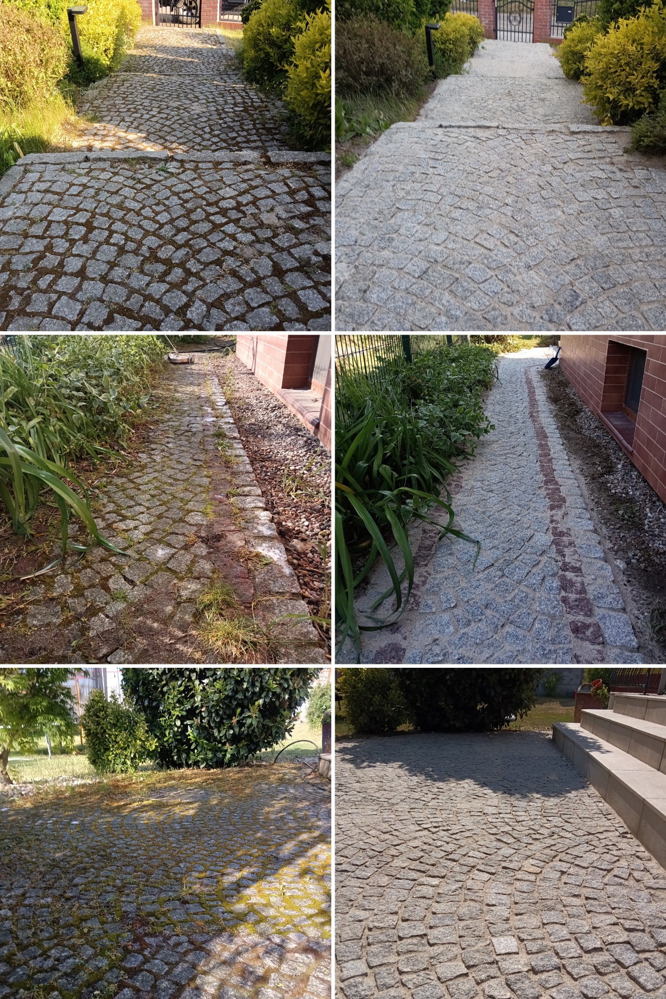 Kompozycja sześciu ujęć ścieżek i powierzchni wyłożonych kostką brukową, prezentujących różne stopnie zabrudzenia i wykończenia, otoczone zielenią ogrodową i elementami architektonicznymi.