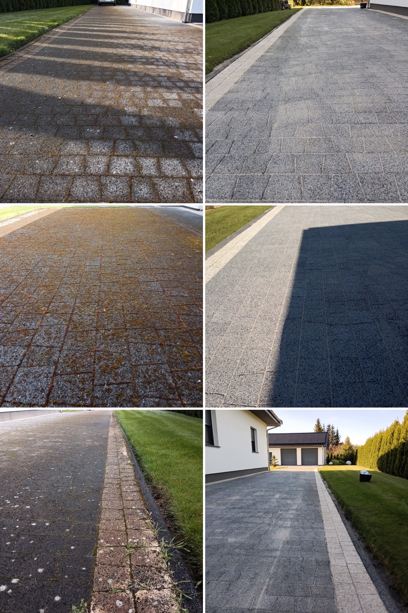 Porównanie stanu kostki brukowej przed i po czyszczeniu: zarośnięta mchem i algami kontra czysta, szara kostka z widocznym wzorem, z elementami domu w tle.