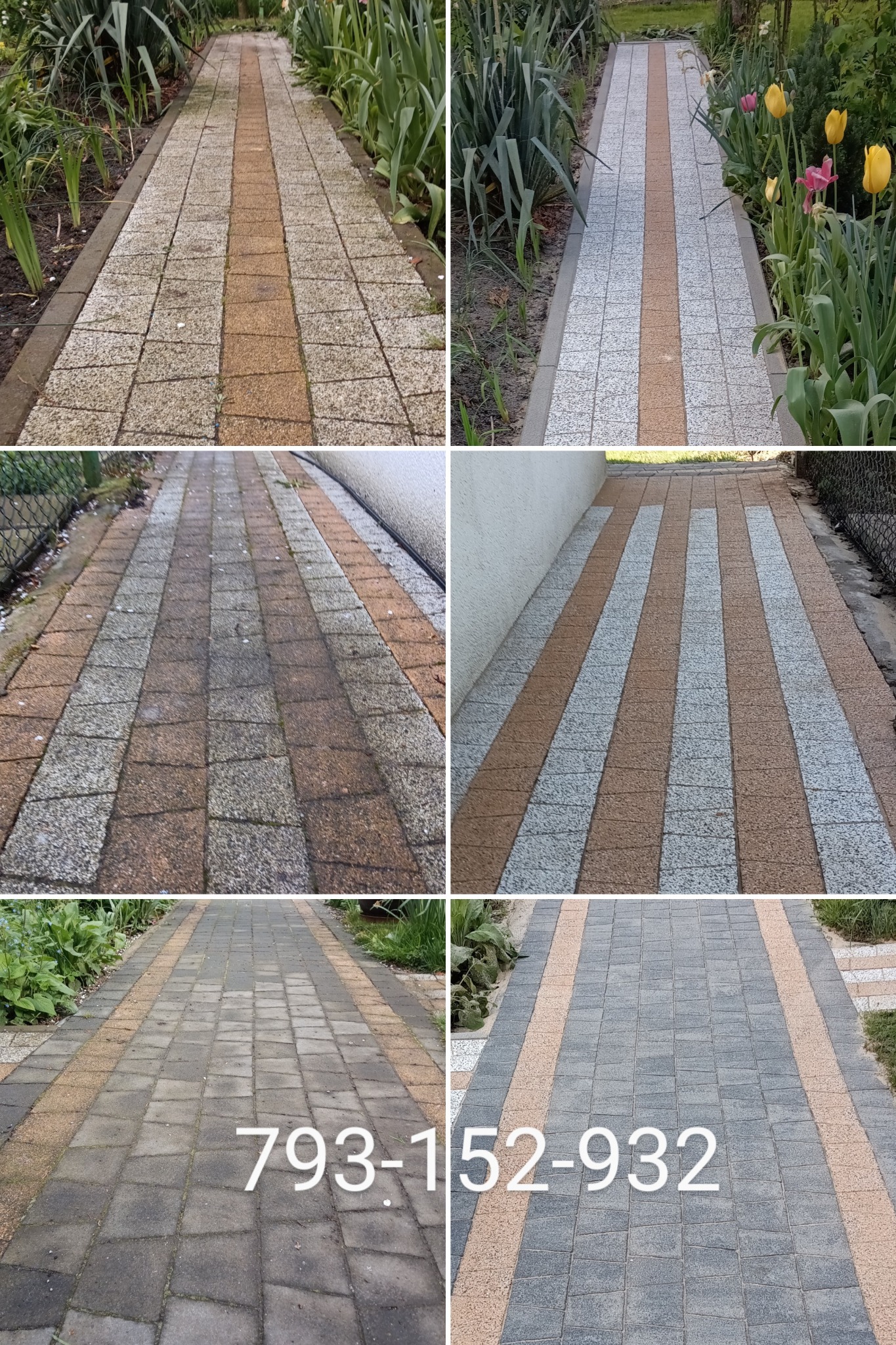 Kompozycja zdjęć kostki brukowej przed i po czyszczeniu, ukazująca różnicę w wyglądzie; numer telefonu nałożony na jedno ze zdjęć.
