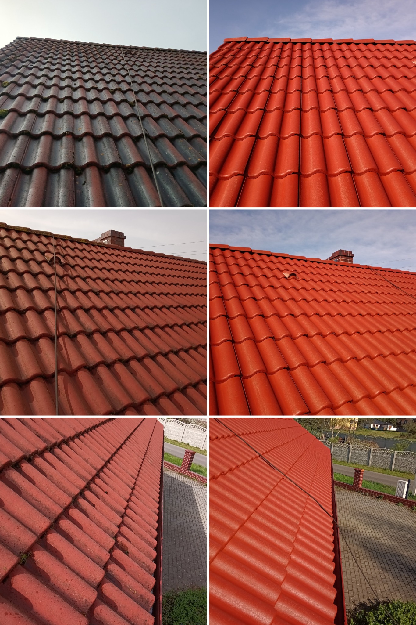 Montaż zdjęć przedstawiających dachówkę przed i po renowacji. Po lewej stronie widoczny dach z mchem i zabrudzeniami, po prawej odnowiony dach z nową, czerwoną dachówką.