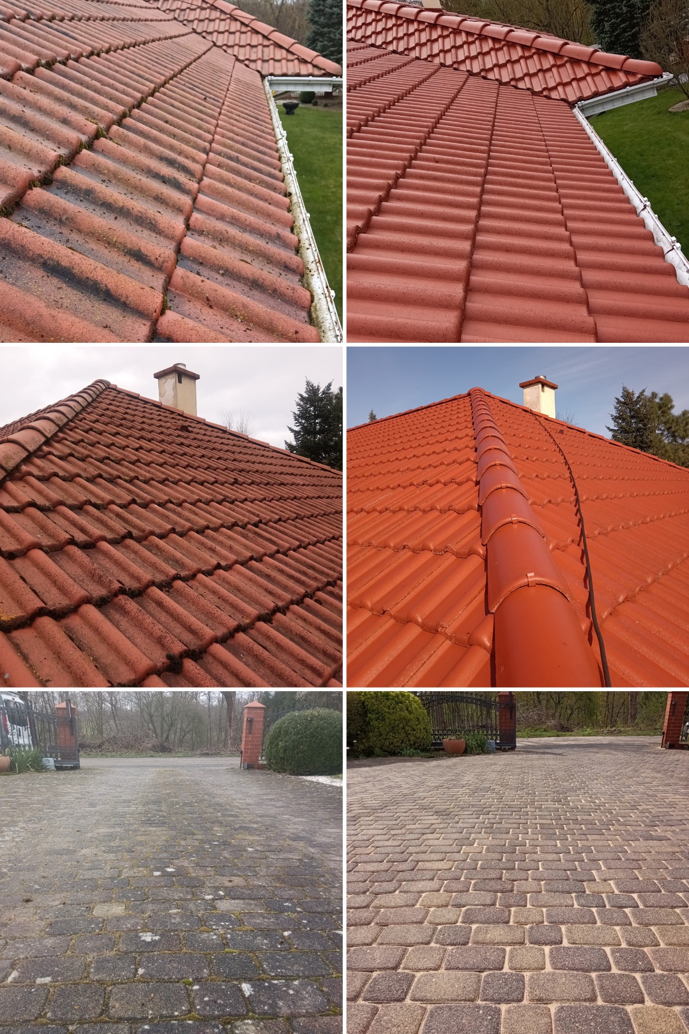 Kompozycja zdjęć przedstawiająca dachówkę i kostkę brukową przed i po zabiegach czyszczących, ukazując różnicę w kolorze i usunięcie zabrudzeń, widoczne zmiany w wyglądzie powierzchni.