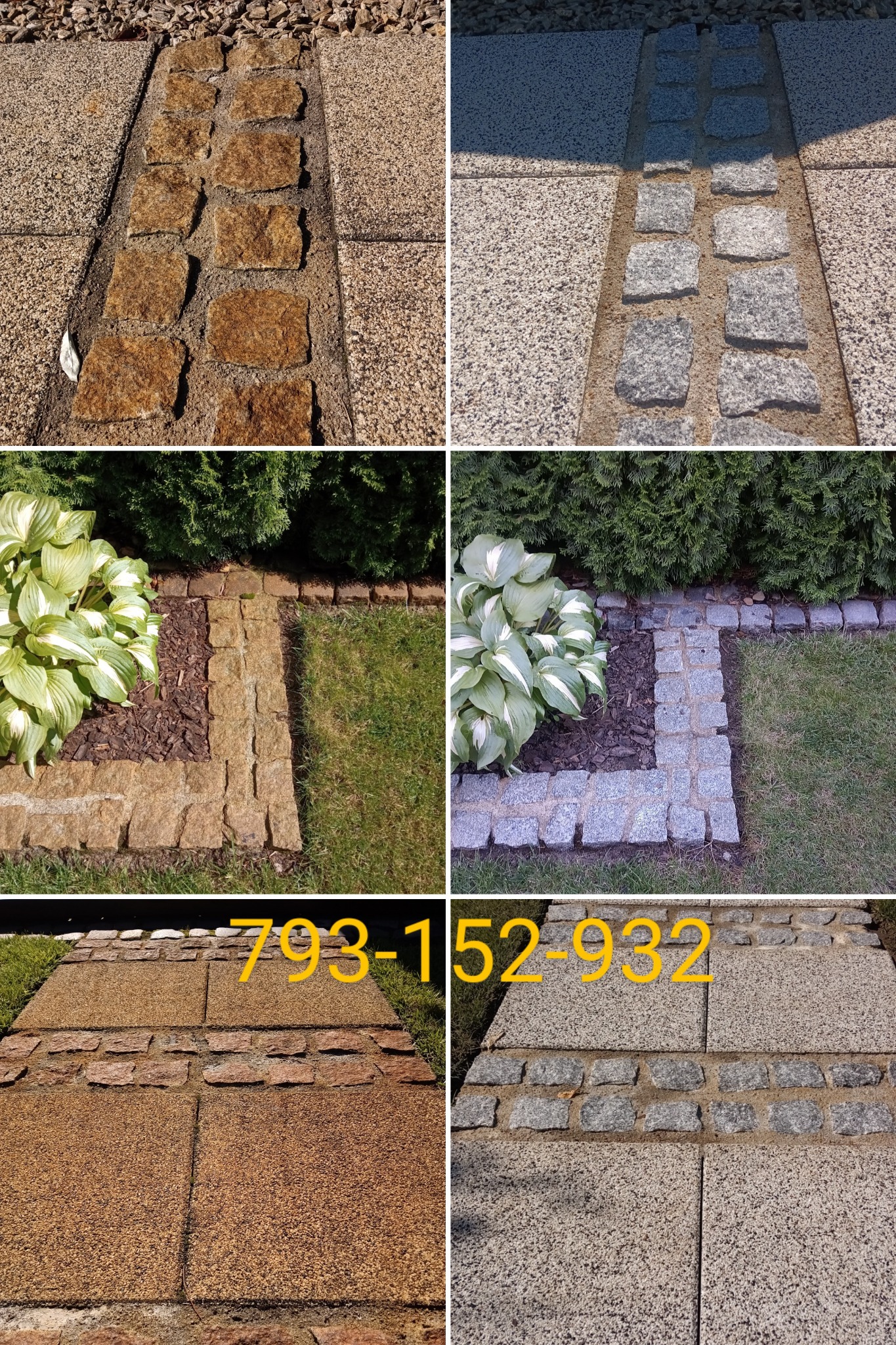 Kompozycja sześciu zbliżeń na fragmenty ścieżek i obrzeży z kostki brukowej w odcieniach brązu i szarości, otoczonych zielenią trawnika i roślin ozdobnych. Na jednym ze zdjęć widoczny numer telefonu.