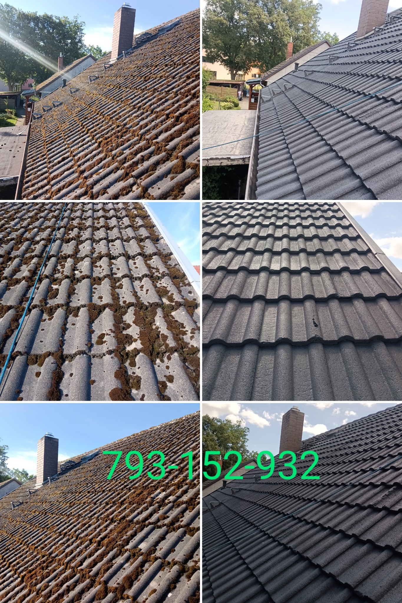 Porównanie dachu przed i po: dachówka pokryta mchem i algami kontra czysta, grafitowa dachówka; widoczny numer telefonu nałożony na zdjęcie dachu przed czyszczeniem.