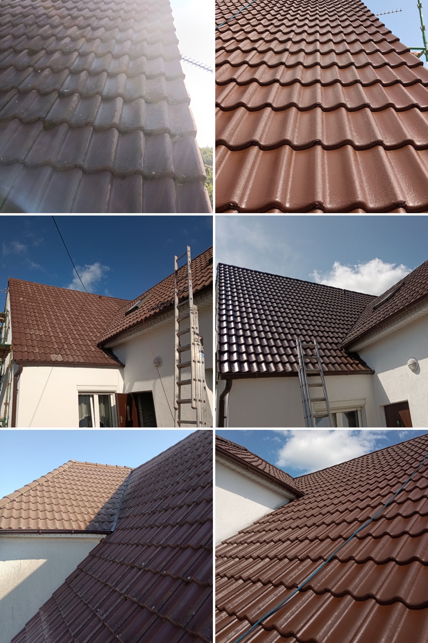 Montaż brązowej dachówki na dachu domu, widoczne różnice przed i po na kolażu zdjęć, na jednym ze zdjęć drabina oparta o ścianę.