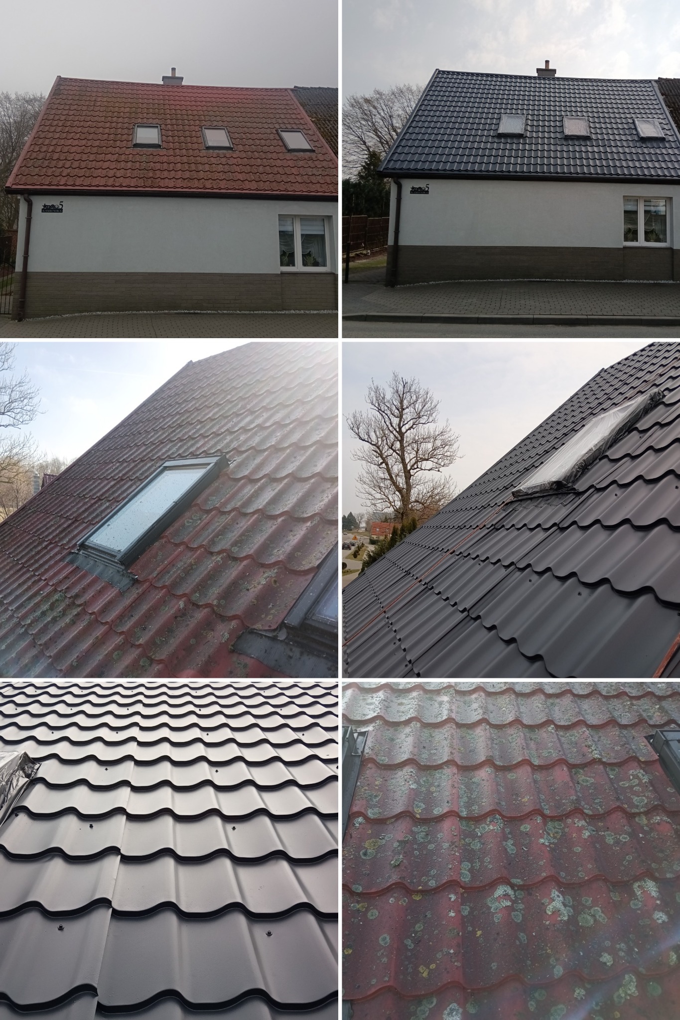Montaż zdjęć 'przed i po' prezentujący dach domu jednorodzinnego z czerwonej dachówki pokrytej mchem oraz ten sam dach po zmianie na czarną dachówkę, widać okna dachowe.