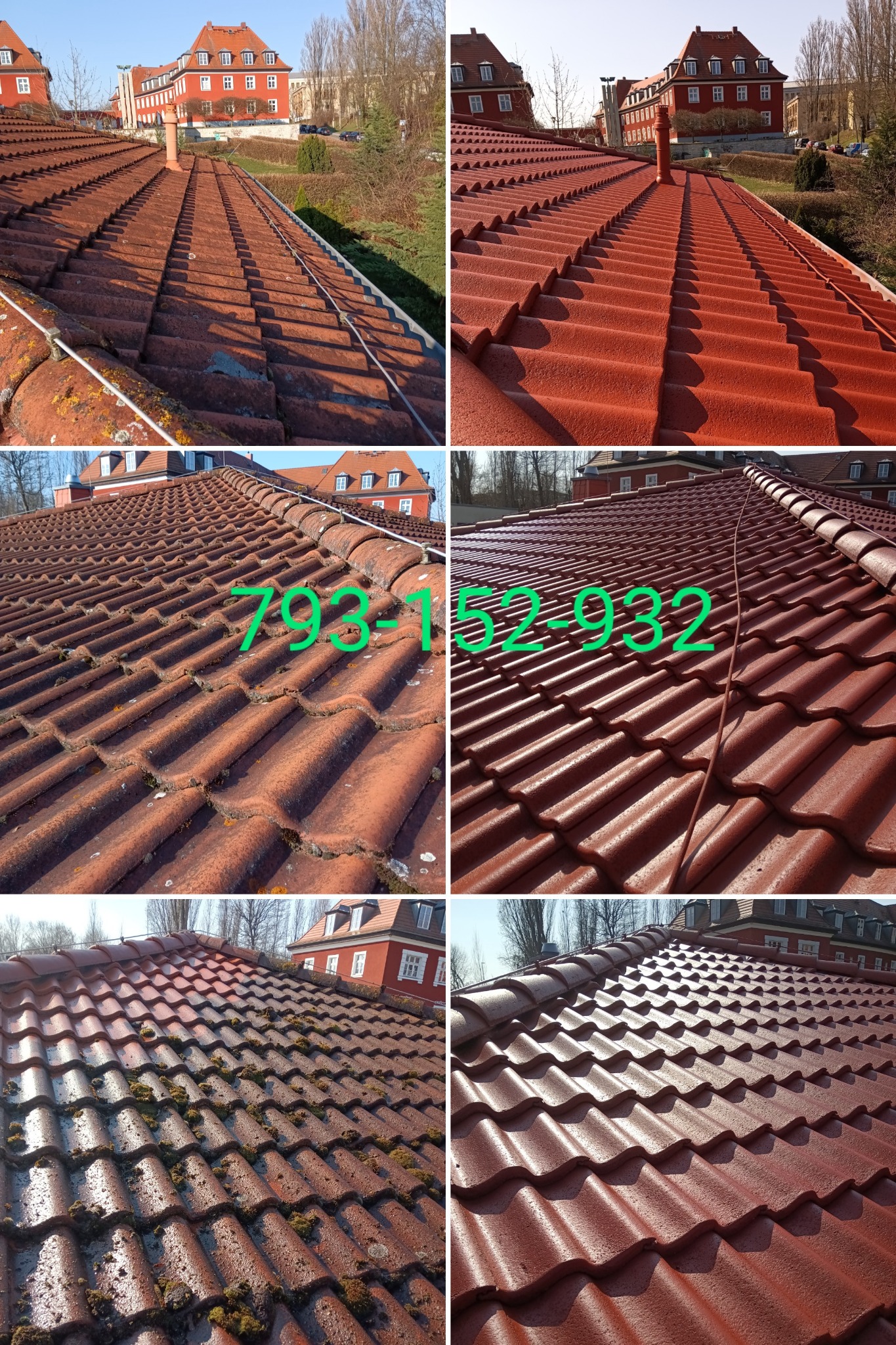 Porównanie dachu przed i po zabiegu, z widoczną różnicą w czystości i kolorze dachówki. Po lewej stronie dach pokryty mchem i zabrudzeniami, po prawej czysty, czerwony dach.