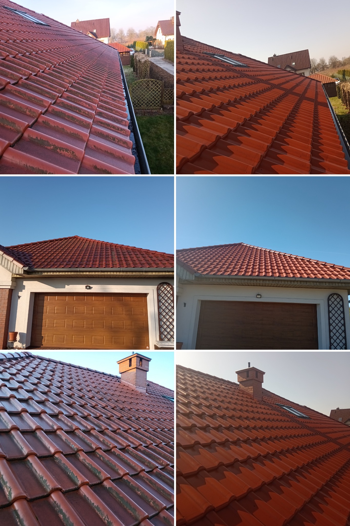 Porównanie stanu dachu przed i po czyszczeniu: po lewej stronie widoczny mech i zabrudzenia na czerwonej dachówce, po prawej czysta, odświeżona powierzchnia. W tle widoczny dom z brązową bramą...