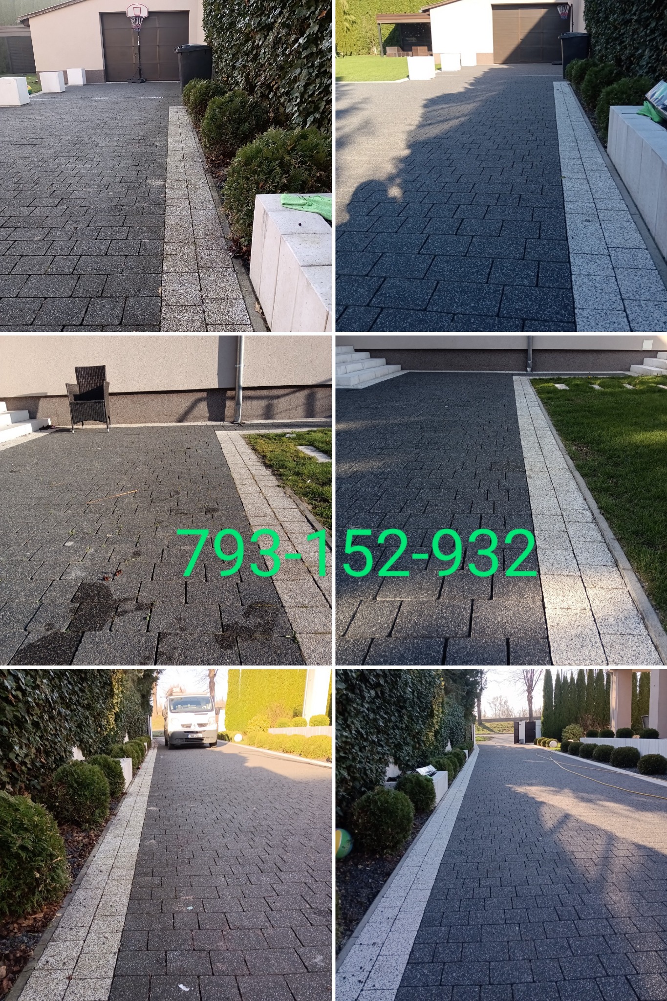 Ułożona kostka brukowa w kilku ujęciach: widok z przodu na podjazd z ciemnej kostki z jasnymi obrzeżami, widok na taras z kostki przy domu, widok na drogę dojazdową z kostki z roślinnością po bokach.