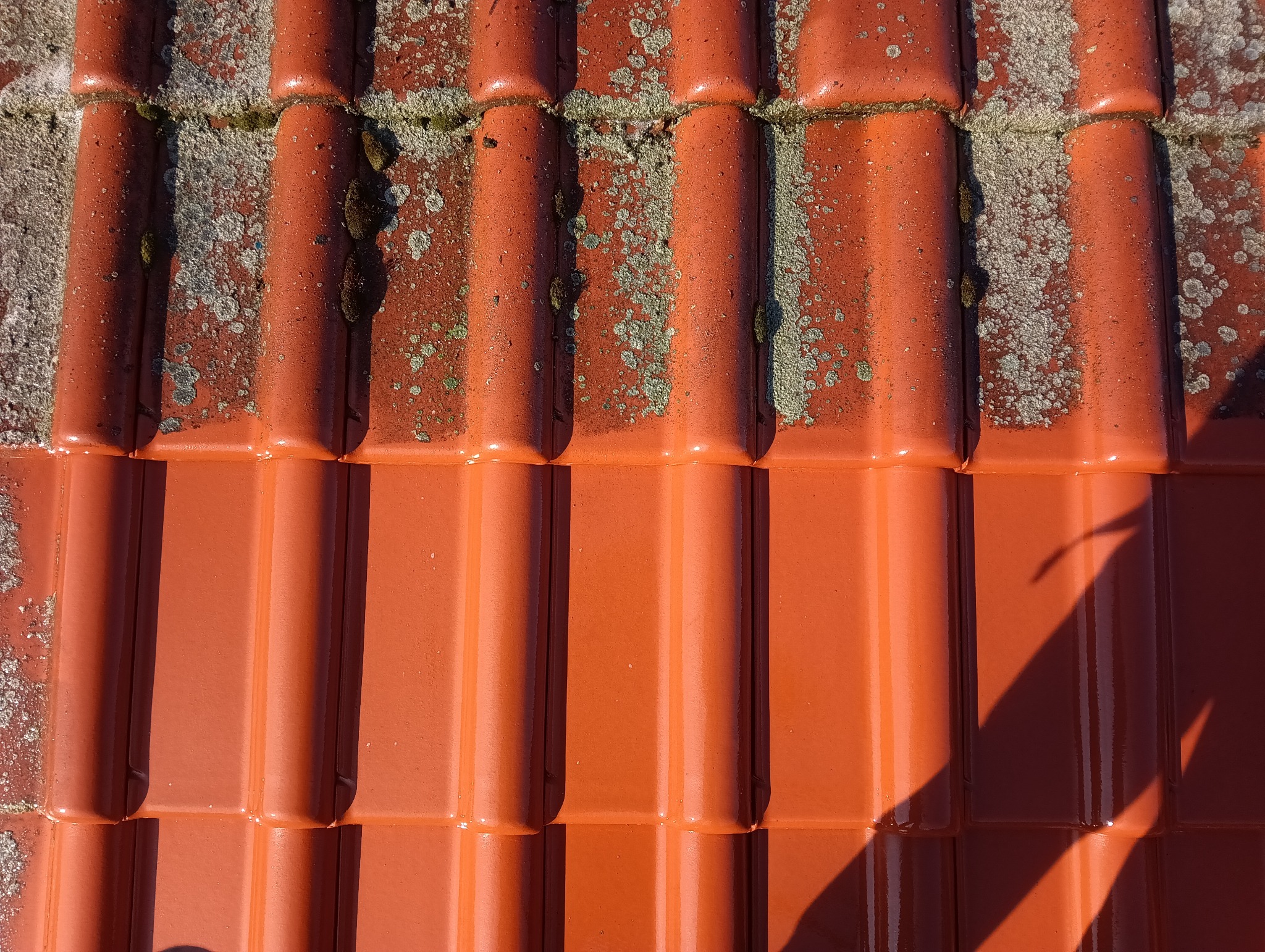 Częściowo oczyszczona, pomarańczowa dachówka ceramiczna, na której widać pozostałości mchu i zabrudzeń, kontrastująca z czystą powierzchnią po zabiegu czyszczenia.