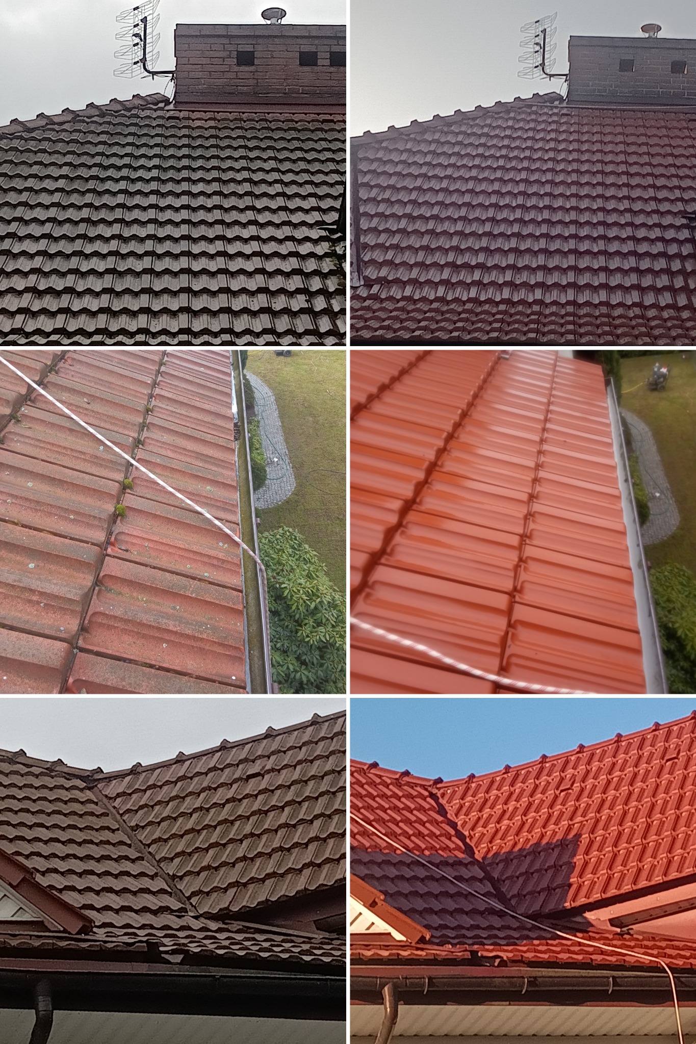 Porównanie dachu przed i po: po lewej stronie pokryty mchem i brudem, po prawej czysty, z intensywnym czerwonym kolorem dachówki. Widoczne anteny na kominie oraz fragment ogrodu z trawnikiem...