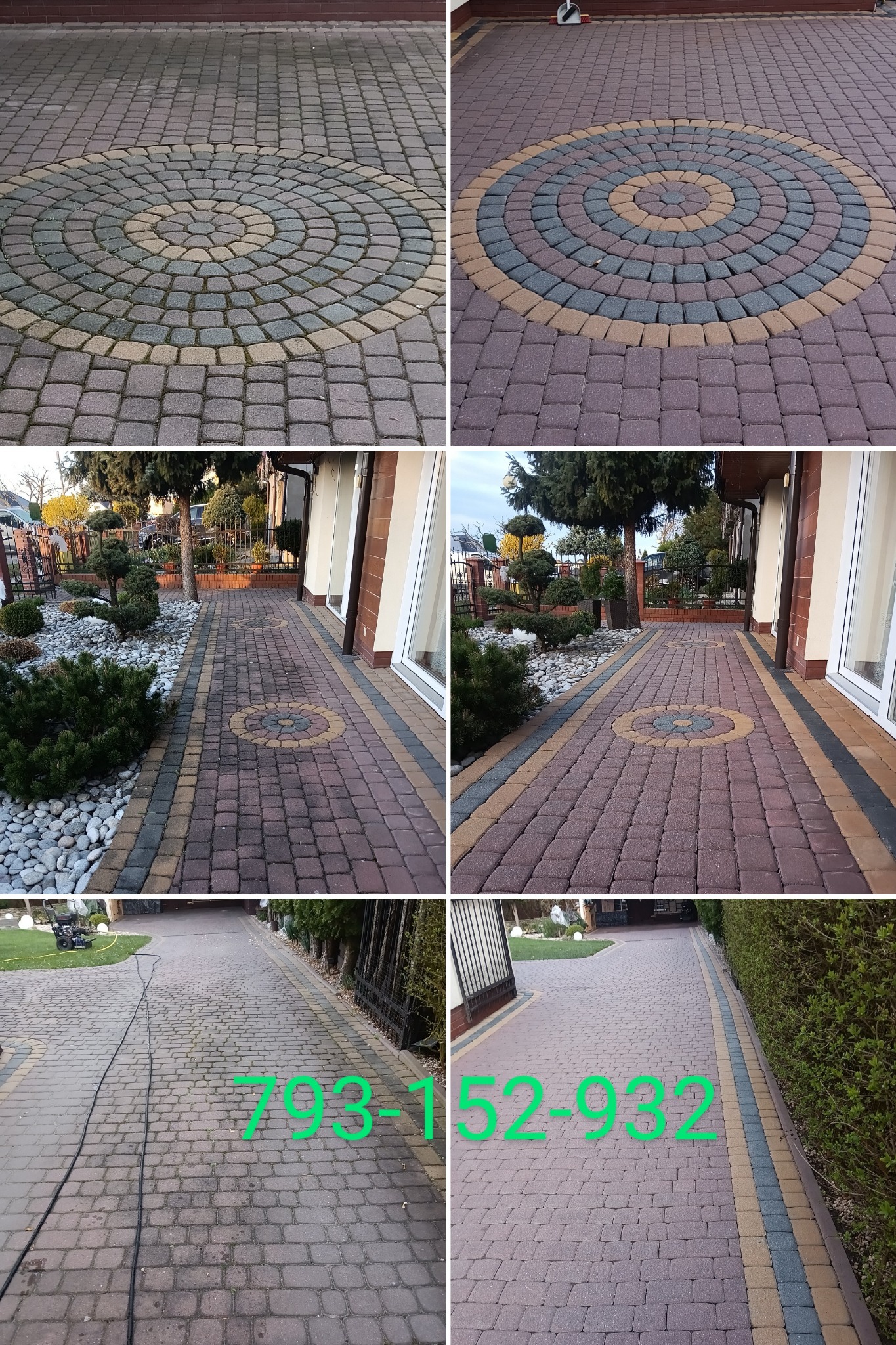 Porównanie kostki brukowej przed i po czyszczeniu, widoczne różnice w kolorze i czystości, z dekoracyjnym wzorem koła na posesji z ogrodem.