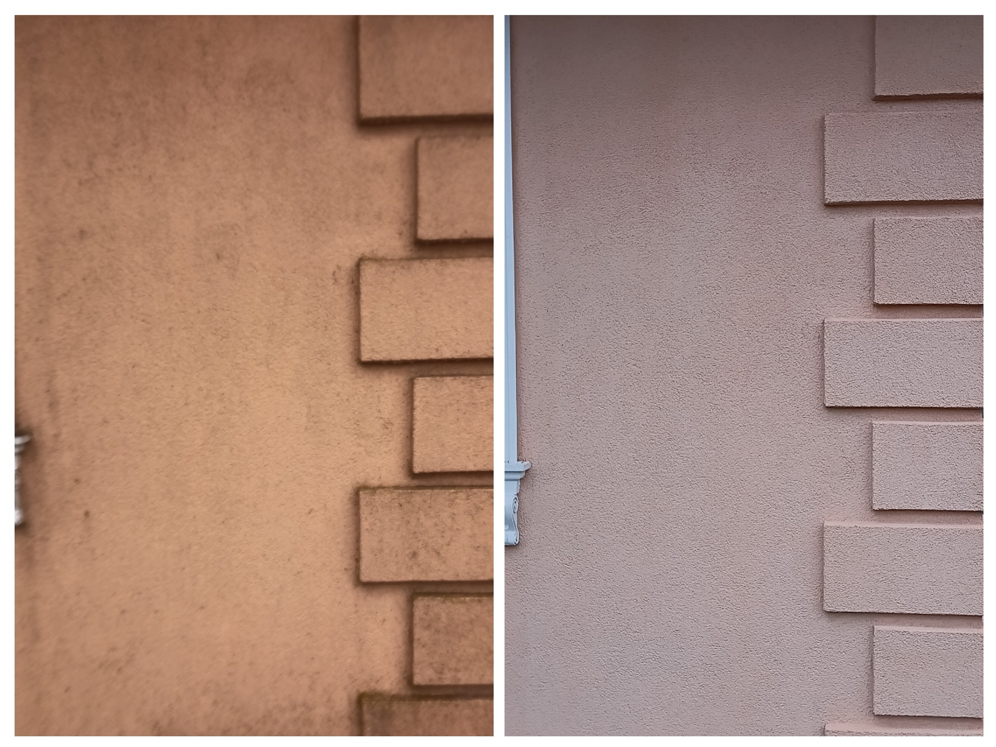 Porównanie fragmentu elewacji przed i po czyszczeniu, widoczne różnice w kolorze i czystości, z elementami dekoracyjnymi w formie wystających cegiełek i rurą spustową po prawej stronie.