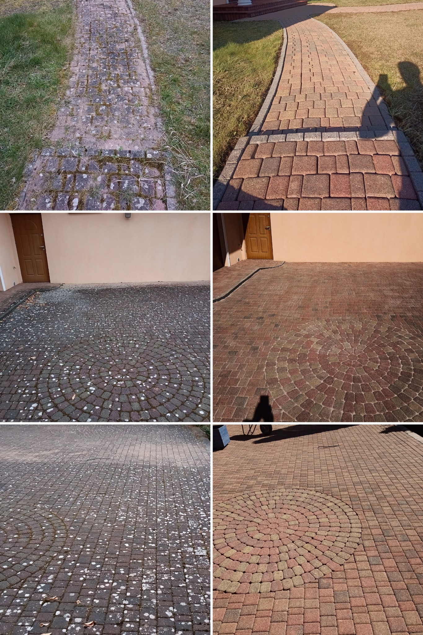 Zestawienie zdjęć kostki brukowej przed i po czyszczeniu: chodnik z mchem, ścieżka z cienia osoby, wzór koła na podjeździe z plamami oraz ten sam wzór po wyczyszczeniu, ukazujące różnicę w wyglądzie.