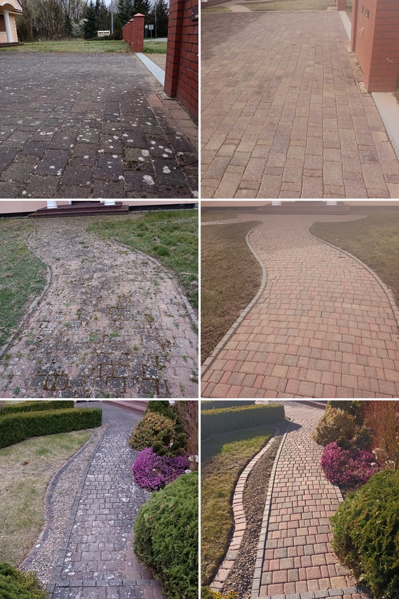Porównanie kostki brukowej przed i po czyszczeniu: widoczne zabrudzenia, mech i plamy na szarych kostkach, a po prawej stronie czysta, brązowo-czerwona kostka brukowa na podjeździe i ścieżce...
