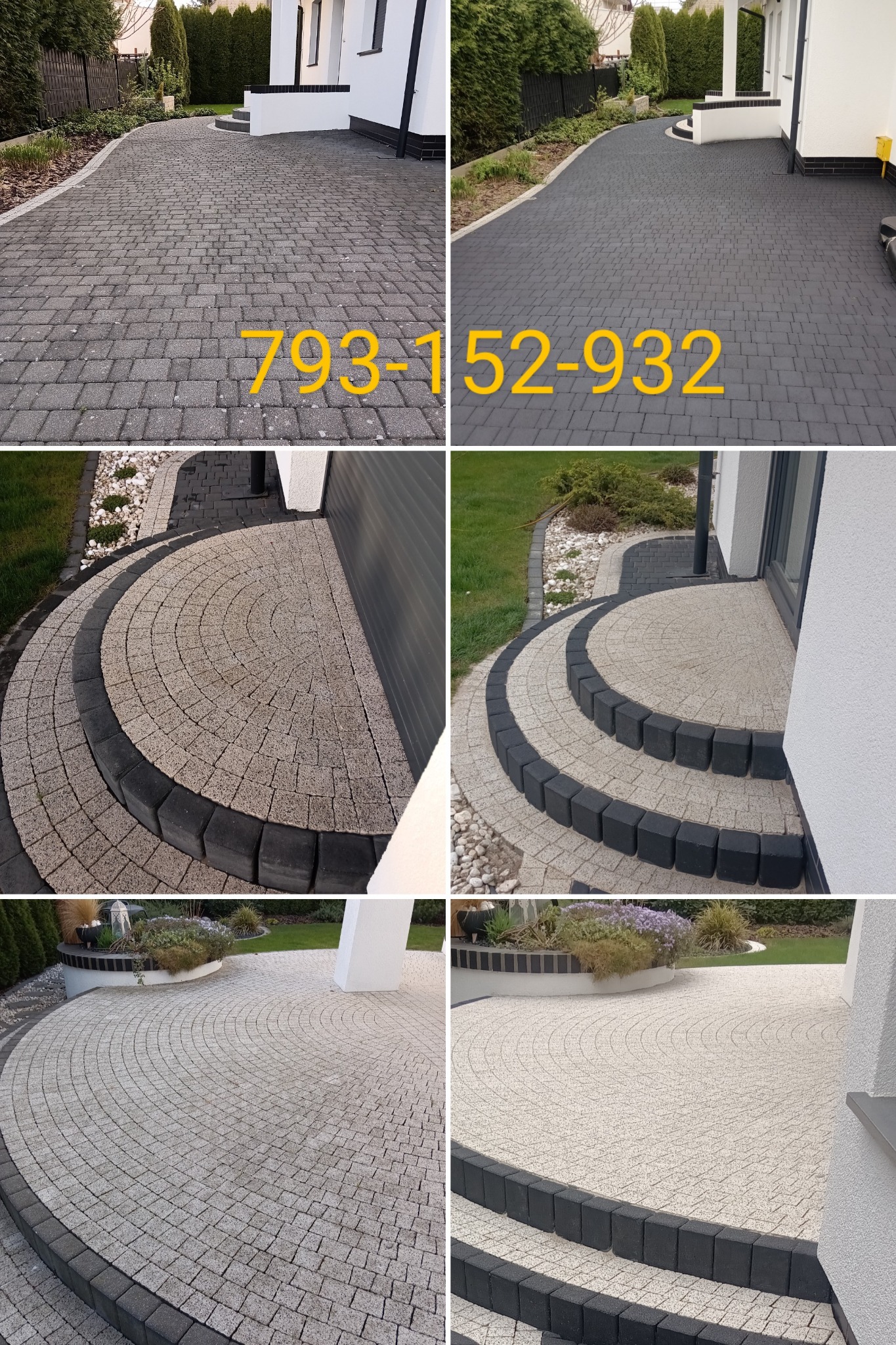 Kompozycja sześciu ujęć nowo ułożonej kostki brukowej w różnych konfiguracjach: prosta ścieżka, półokrągłe schody wejściowe z obrzeżami i taras z roślinami ozdobnymi.