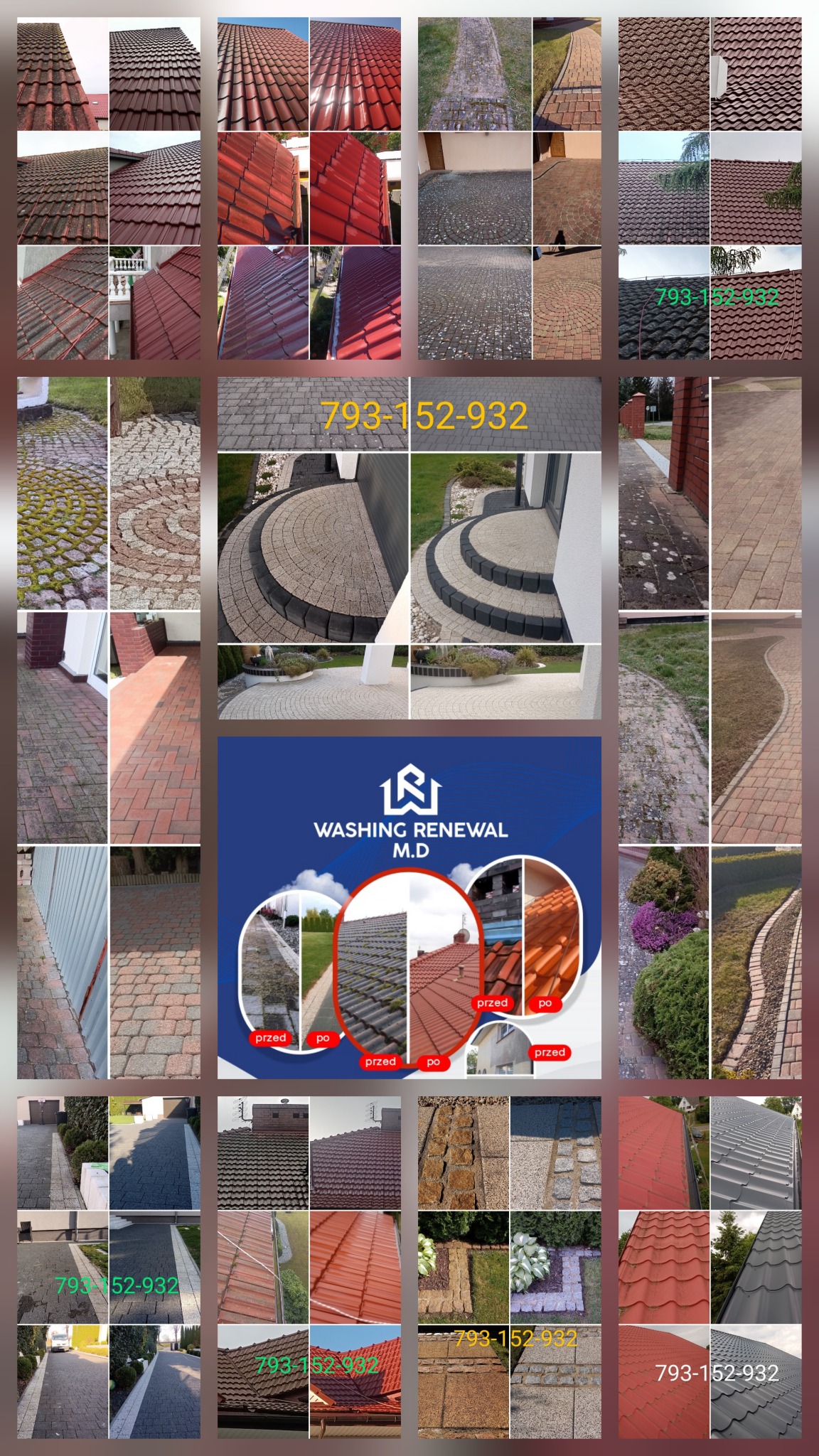 Kolaż zdjęć prezentujący efekty mycia i renowacji dachów, kostki brukowej i elewacji. Widoczne ujęcia 'przed i po' oraz logo firmy Washing Renewal M.D.