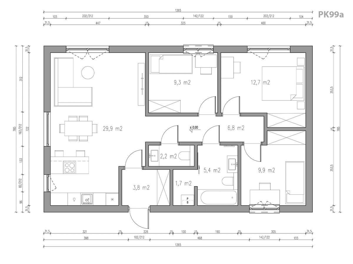Schematyczny rzut mieszkania z wymiarami pomieszczeń, obejmujący salon z aneksem kuchennym, sypialnie, łazienkę i toaletę.