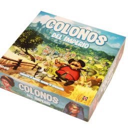 CAFFS Mateusz Jędrysik - Pudełko gry planszowej 'Colonos del Imperio' z ilustracją osadnika z łopatą, psa i wioski w tle.