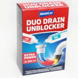 Pudełko produktu Duo Drain Unblocker marki Washcat, prezentujące schemat działania preparatu do udrażniania rur.