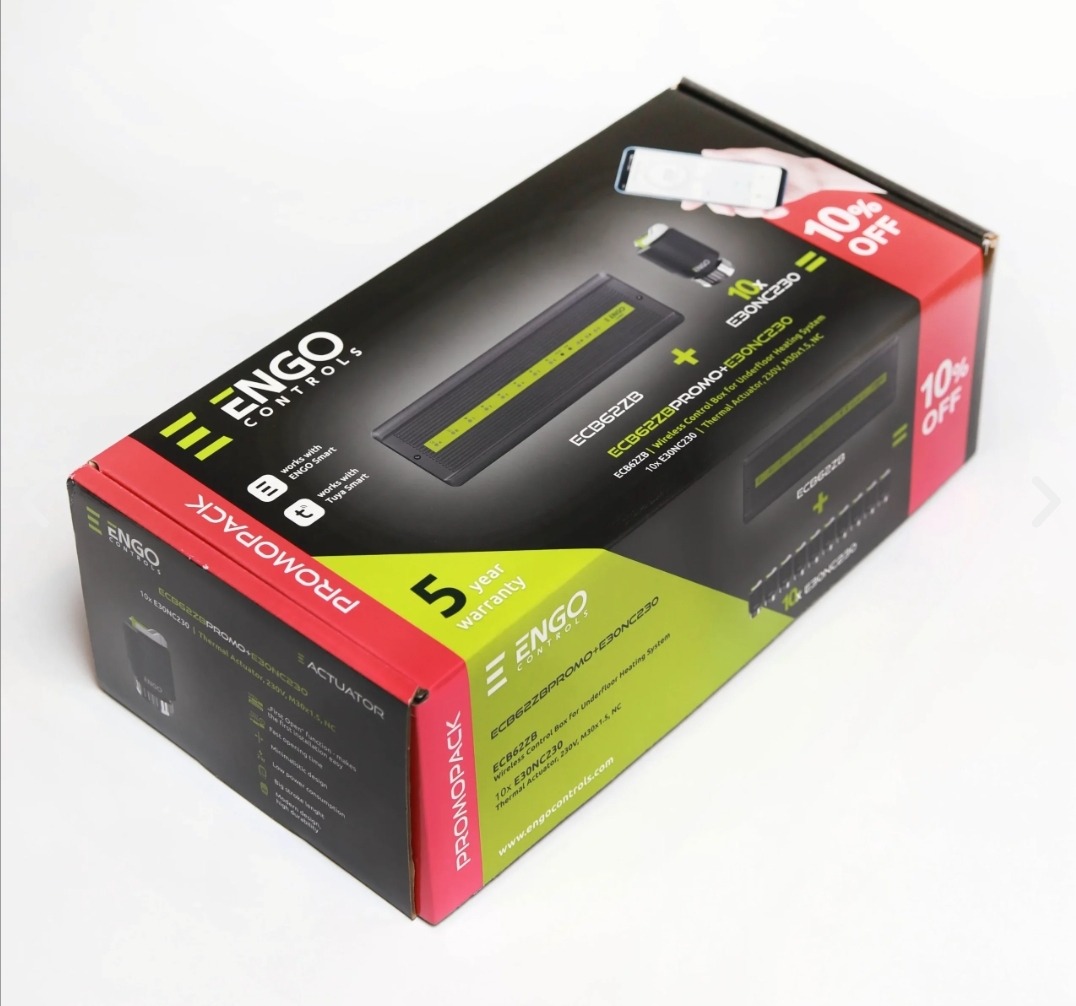Kartonowe opakowanie promocyjne zestawu do ogrzewania podłogowego marki ENGO Controls, zawierające bezprzewodowy moduł sterujący i termoelektryczne siłowniki, z widocznym logo, informacją...