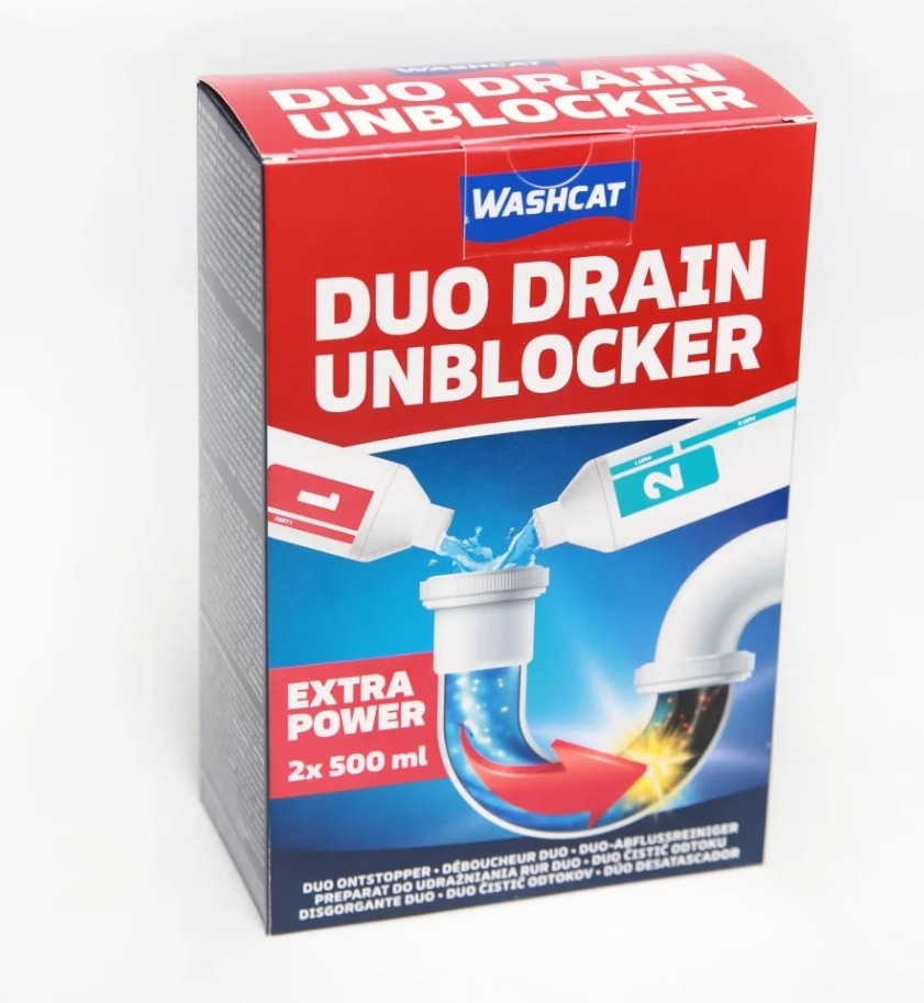 Pudełko produktu Duo Drain Unblocker marki Washcat, prezentujące schemat działania preparatu do udrażniania rur.
