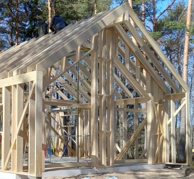 Szkielet drewniany domu w trakcie budowy, widoczne elementy konstrukcyjne i dwóch pracowników na dachu, las w tle, słoneczny dzień.