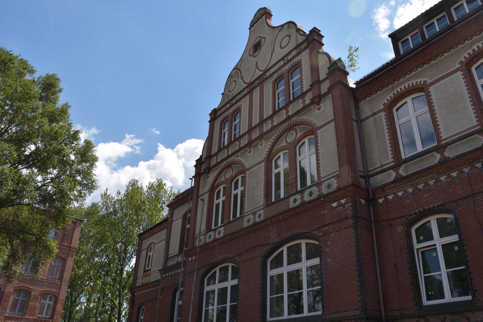 Trzypiętrowy budynek z czerwonej cegły z kremowymi elementami dekoracyjnymi, widoczny z dołu pod lekkim kątem, z fragmentem drzewa po lewej stronie i błękitnym niebem w tle.