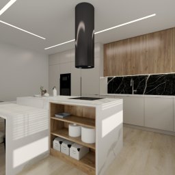 KT Studio Wnętrz Kamila Toruń - Nowoczesna kuchnia z wyspą i czarnym okapem cylindrycznym na tle drewnianej ściany i marmurowego blatu. Minimalistyczny design z oświetleniem LED.
